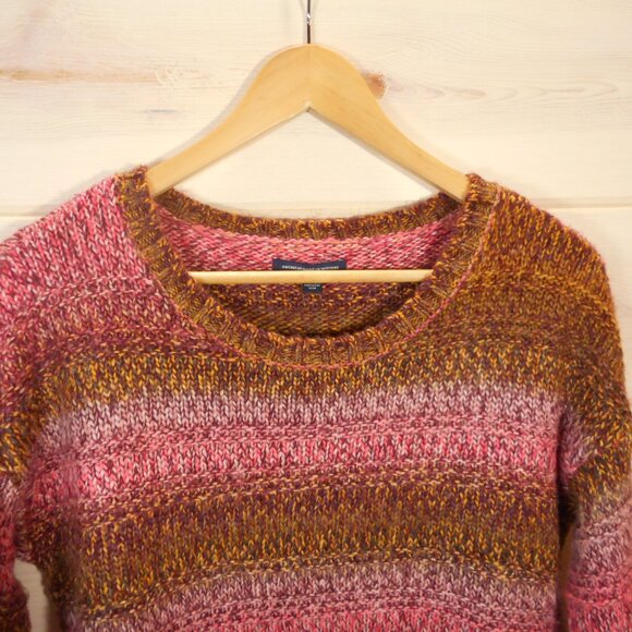 American Eagle Women’s Size S Striped Pullover Sweater Maroon Gold Pink - Picture 2 of 7